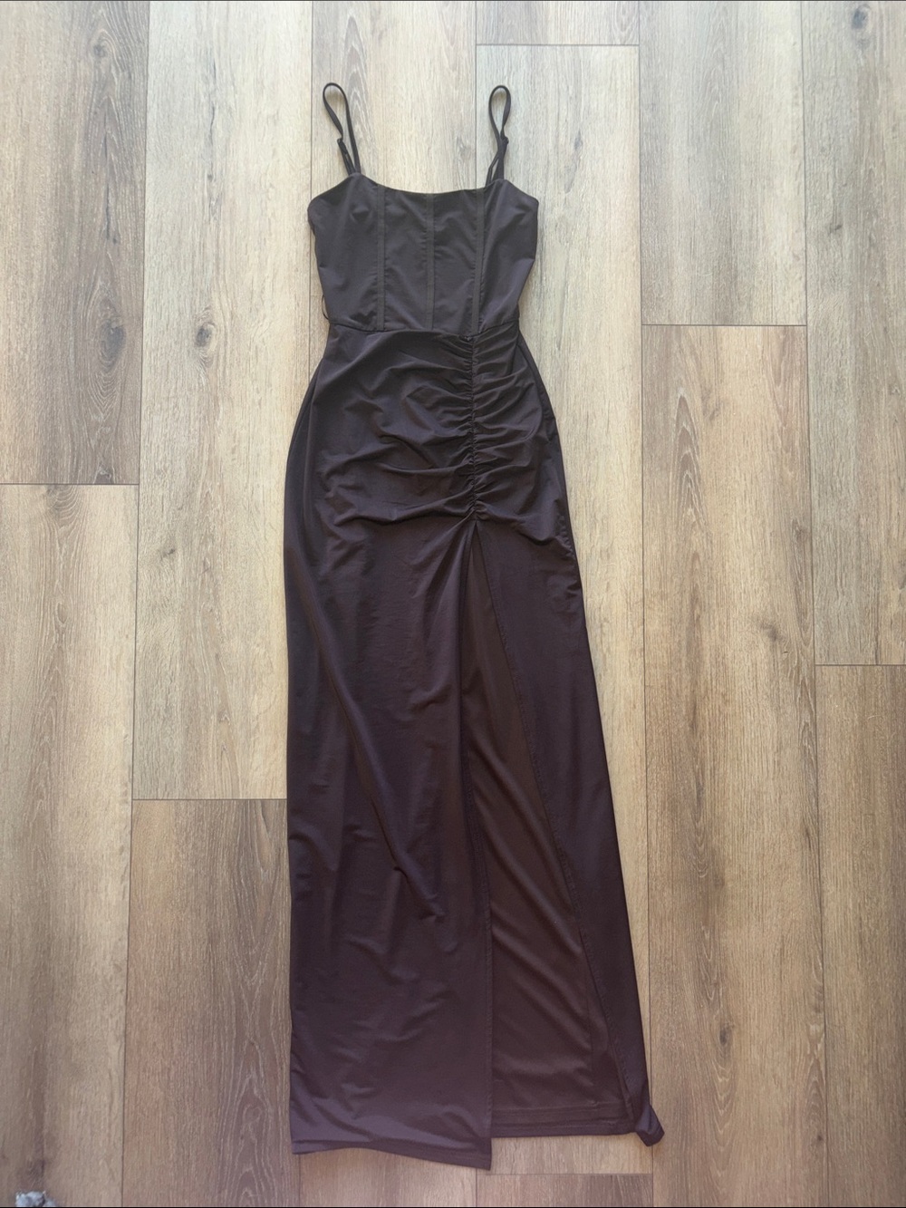 Showpo chocolate brown Ruched Side Maxi Dress with Spaghetti Straps